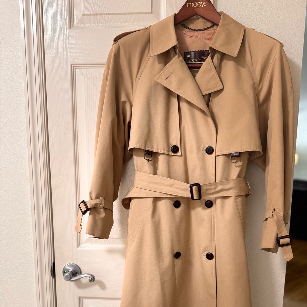 Vintage Etienne Aigner Belted Double Breasted Tan Trench Rain Coat 10 - Picture 2 of 11